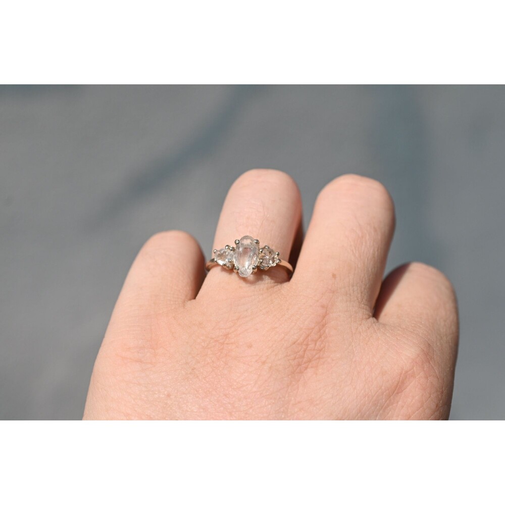 Engagement ring Oval Three Stone 14k White Gold Ring, Raw Lake County Diamond ,